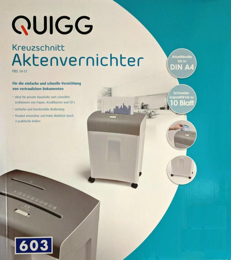 Quigg Aktenvernichter Kreuzschnitt PBS 1417 von Aldi zum Billigpreis