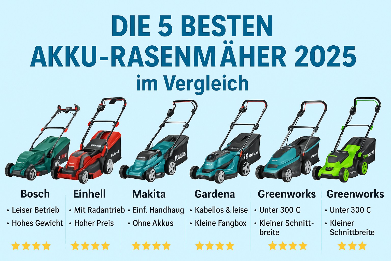 Vergleich der besten Akku-Rasenmäher 2025 – kabellos, leise und unter 300 Euro – Bosch, Einhell, Makita, Gardena, Greenworks im Überblick