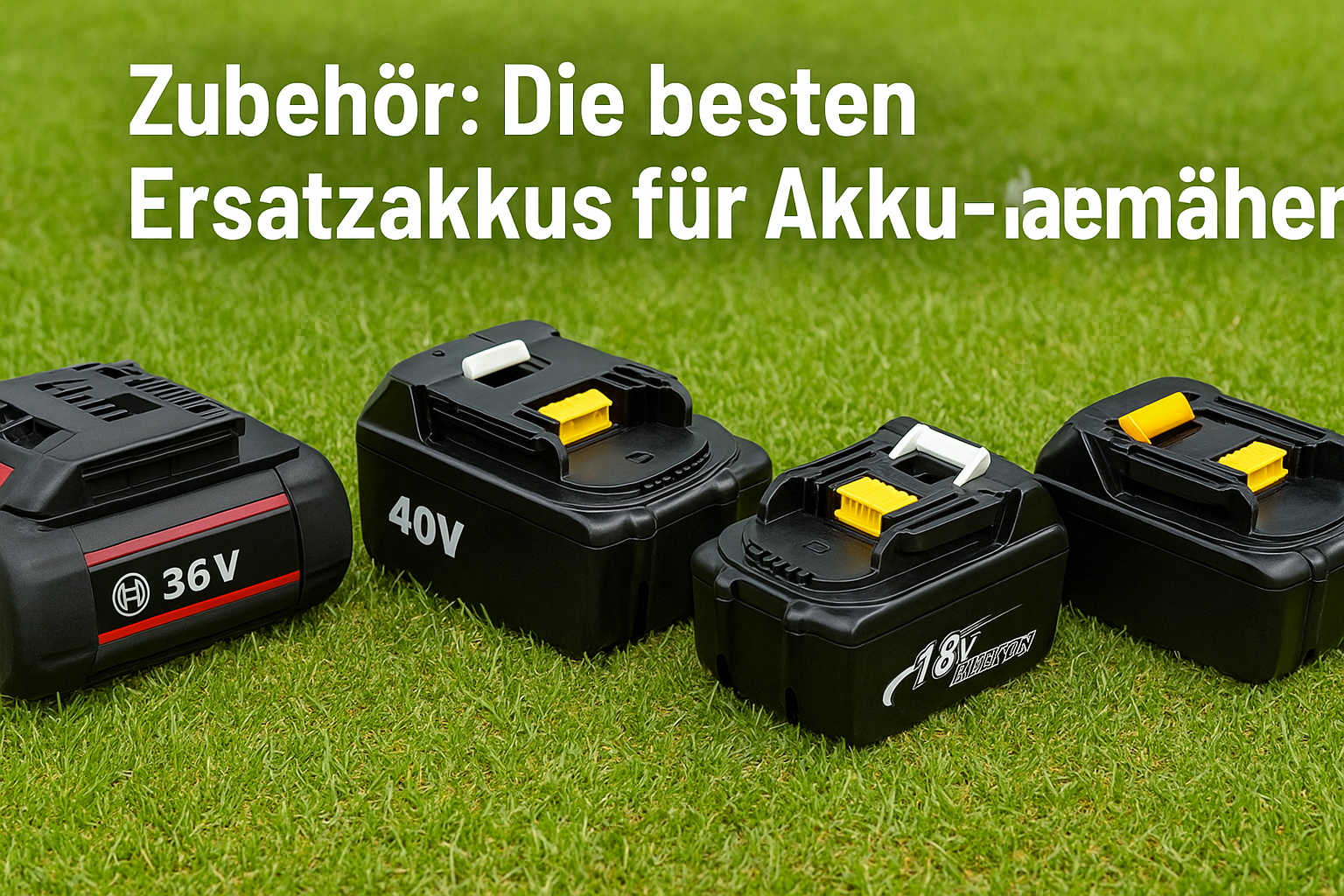 Vier Ersatzakkus für Akku-Rasenmäher verschiedener Marken (Bosch, Makita, Greenworks, Worx) auf grünem Rasen – Zubehörvergleich für Gartengeräte und kabellose Rasenmäher
