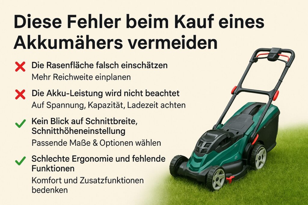 Infografik: Häufige Fehler beim Kauf eines Akkumähers vermeiden – Checkliste mit Tipps zu Rasenflächengröße, Akku-Leistung, Schnittbreite und Ergonomie, daneben ein grüner Akkumäher auf Rasen.