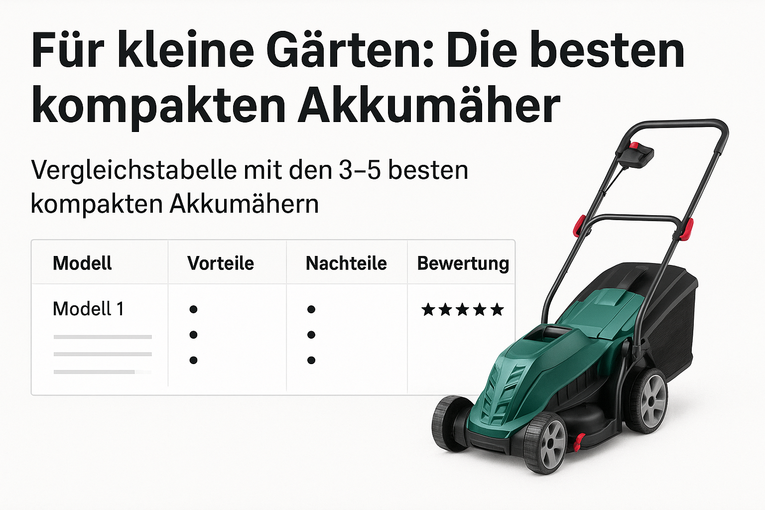 Vergleich kompakter Akku-Rasenmäher für kleine Gärten mit Tabelle und modernem Mäher auf hellem Hintergrund