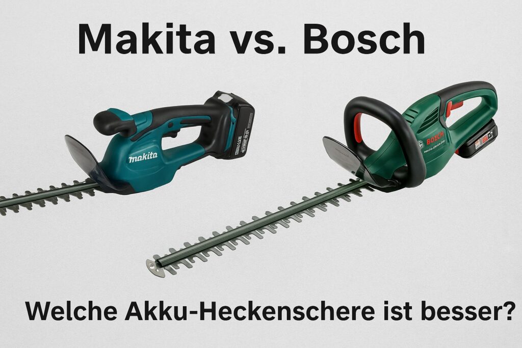 Makita und Bosch Akku-Heckenscheren im Vergleich – visuelle Gegenüberstellung gängiger Modelle mit Titel