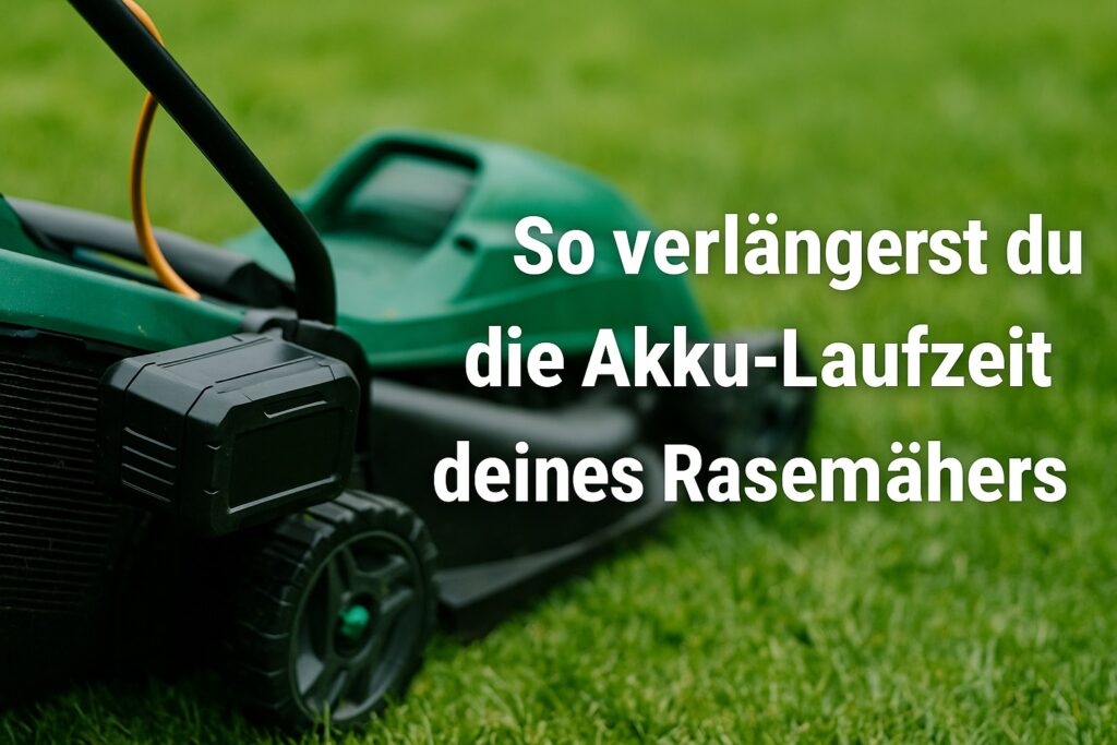 Akku-Rasenmäher mit eingesetztem Lithium-Ionen-Akku auf frisch gemähtem Rasen, daneben Text: ‚So verlängerst du die Akku-Laufzeit deines Rasenmähers‘ – Tipps für längere Laufzeit und richtige Akkupflege im Garten.