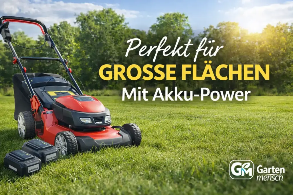 Akku-Rasenmäher auf großer Rasenfläche mit der Aufschrift „Perfekt für große Flächen mit Akku-Power“, Artikelbild von Gartenmensch