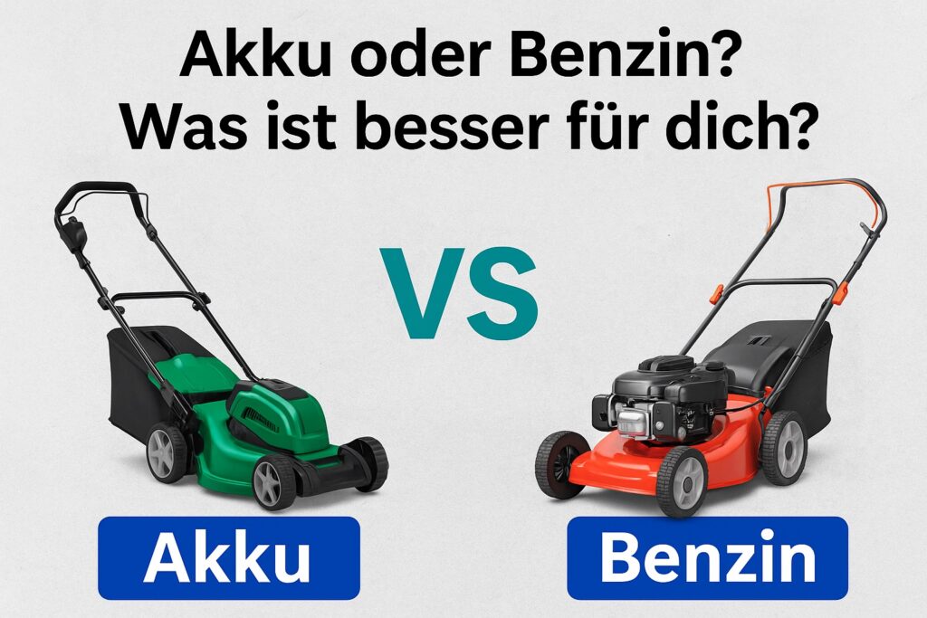 Vergleich zwischen Akku- und Benzin-Rasenmäher mit der Frage: ‚Akku oder Benzin – was ist besser für dich?‘ – Darstellung der Unterschiede zwischen kabellosem, leisen Akku-Gerät und leistungsstarkem Benzin-Rasenmäher für Gartenbesitzer und Heimwerker