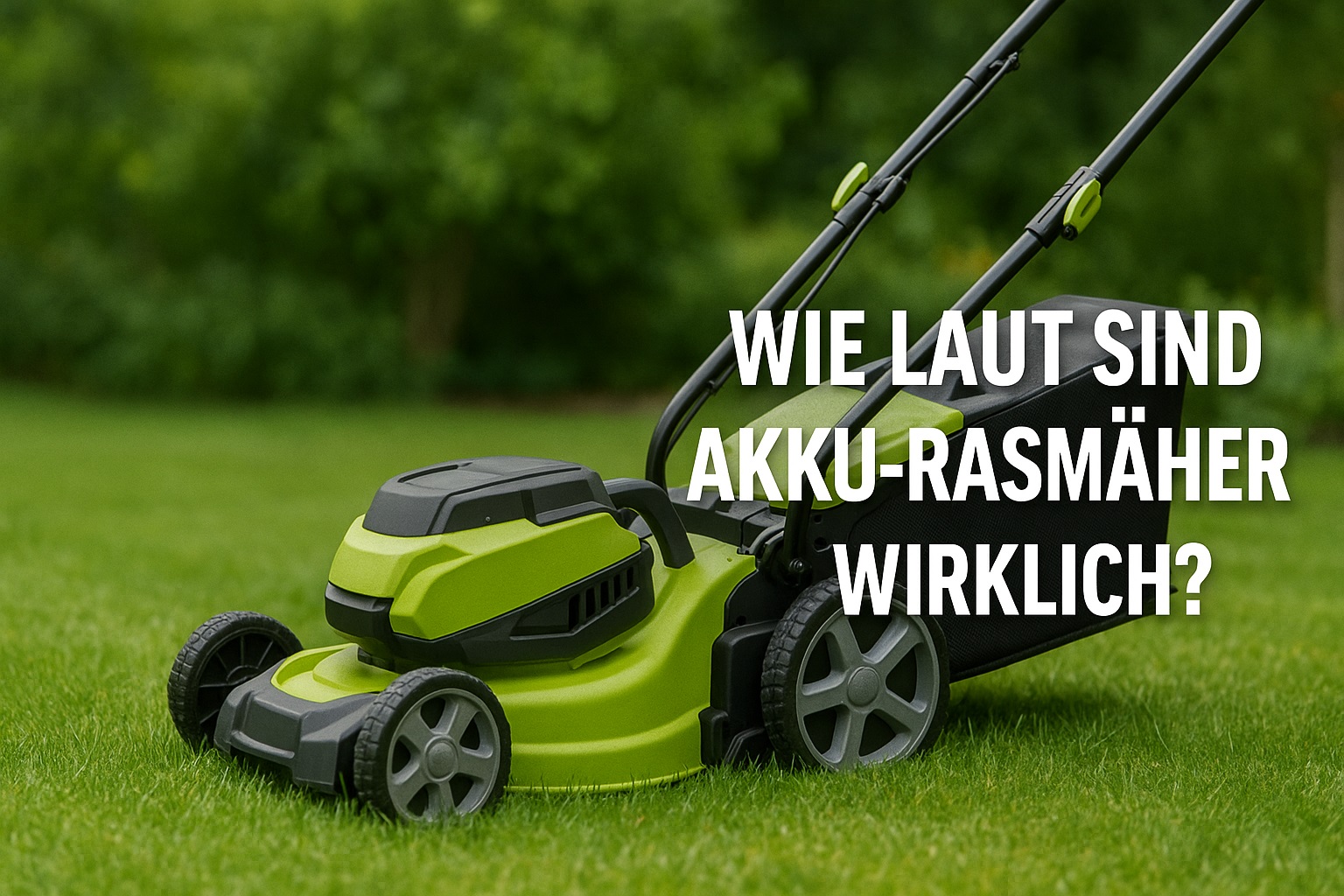 Kabelloser, grüner Akku-Rasenmäher auf frisch gemähtem Rasen im Garten – querformatiges Bild mit Fokus auf leises, umweltfreundliches Rasenmähen ohne Lärm.