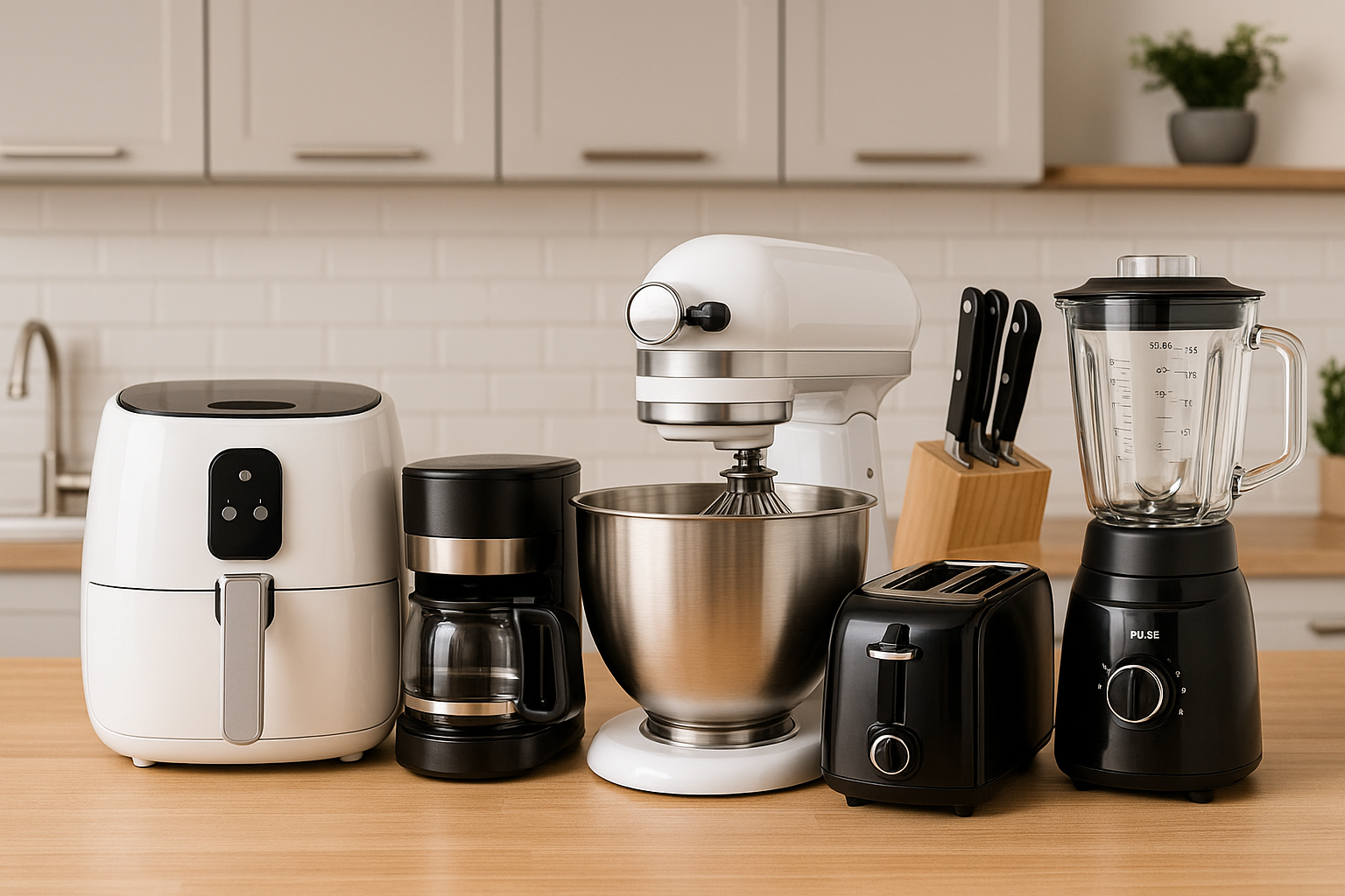 Moderne Küchengeräte auf Arbeitsplatte – Airfryer, Kaffeemaschine, Küchenmaschine, Mixer & Toaster