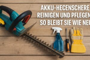 Akku-Heckenschere mit Pflegezubehör wie Handschuhe, Sprayflasche, Öl und Tuch auf Holzunterlage – Symbolbild für Reinigung und Wartung