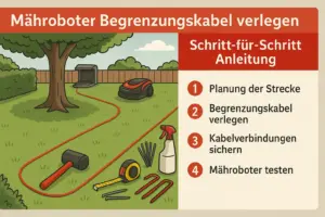 Illustration zur Anleitung: Mähroboter Begrenzungskabel verlegen – Schritt-für-Schritt erklärt für Einsteiger mit Werkzeugen wie Hammer, Spray, Kabel und Rasenplan