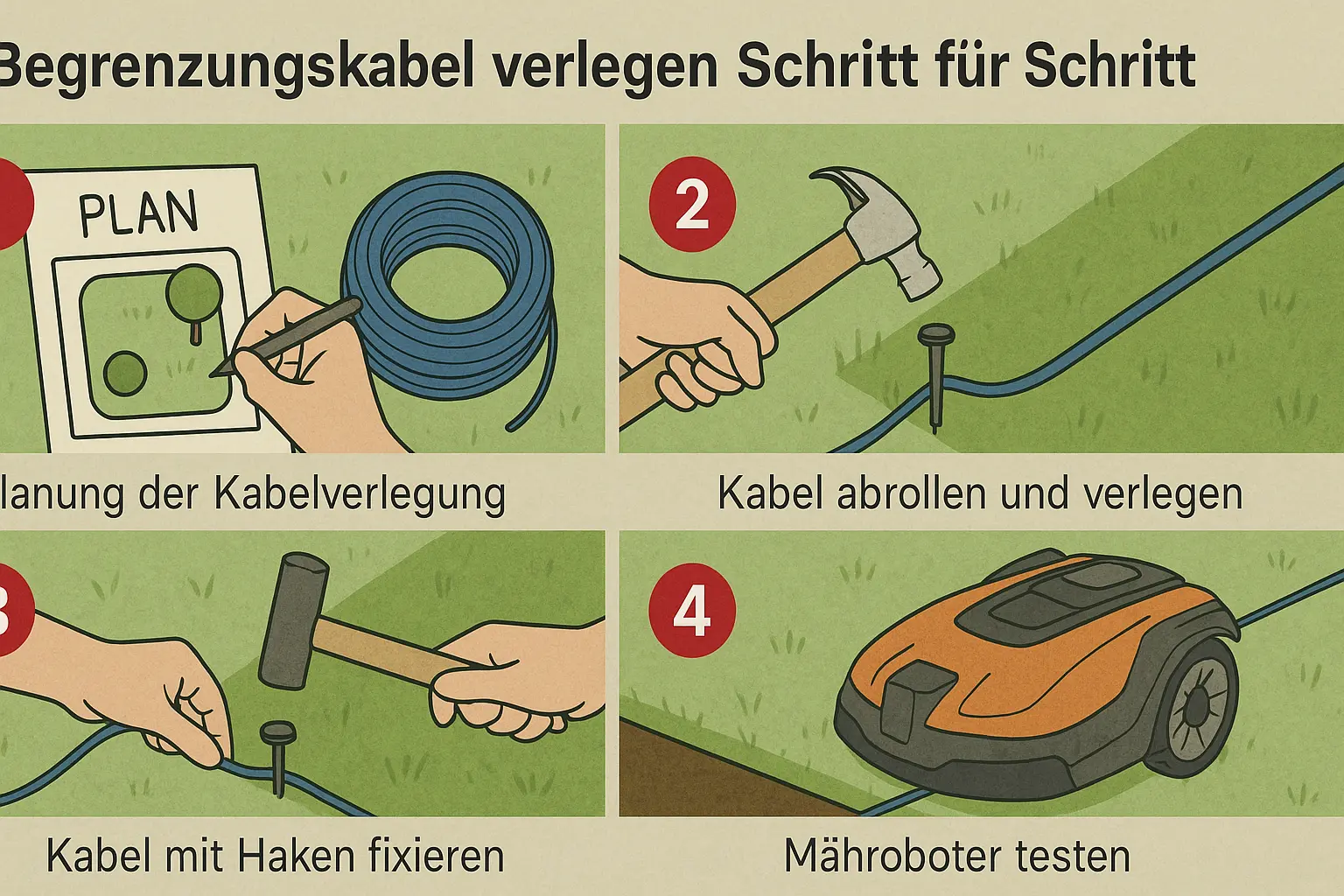 Grafik zur Verlegung des Begrenzungskabels für Mähroboter in 4 Schritten: Planung, Kabel ausrollen, mit Haken fixieren und Roboter testen – anschaulich illustriert.