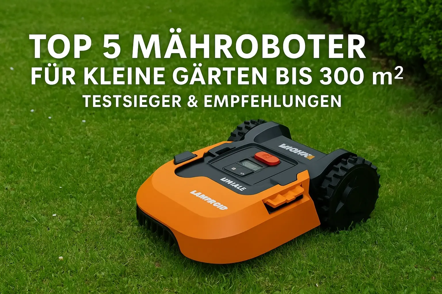 Moderner Mähroboter auf gepflegtem Rasen – Worx Landroid M WR141E in orange-schwarzem Design mit Textoverlay „Top 5 Mähroboter für kleine Gärten bis 300 m² – Testsieger & Empfehlungen