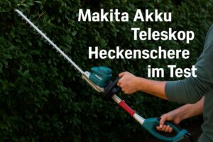 Person testet Makita Akku Teleskop Heckenschere an hoher Hecke, Text: Makita Akku Teleskop Heckenschere im Test.
