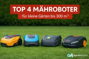 Die Top 4 Mähroboter für kleine Gärten bis 300 m² im Überblick. Das Bild zeigt kompakte Modelle im Vergleich und eignet sich ideal für Artikel über kleine Rasenflächen und Mähroboter-Tests.