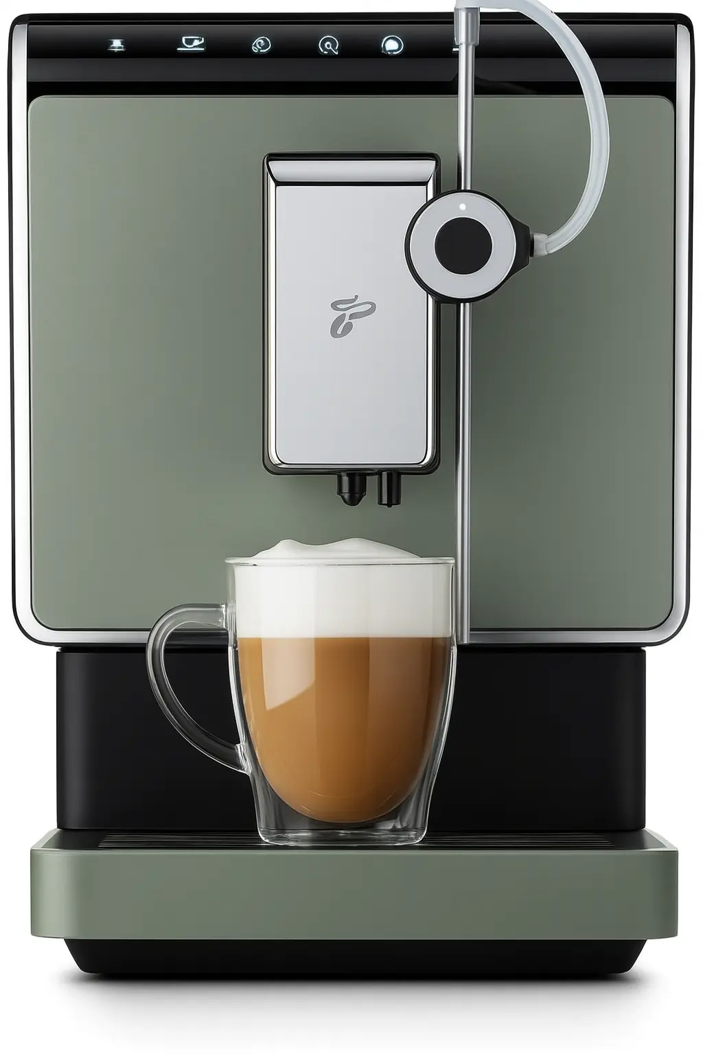 Frontale Studioaufnahme des Tchibo Kaffeevollautomaten in Salbeigrün mit Milchaufschäumer, der einen cremigen Latte Macchiato in ein Glas zubereitet – modernes Design für stilvolle Küchen.