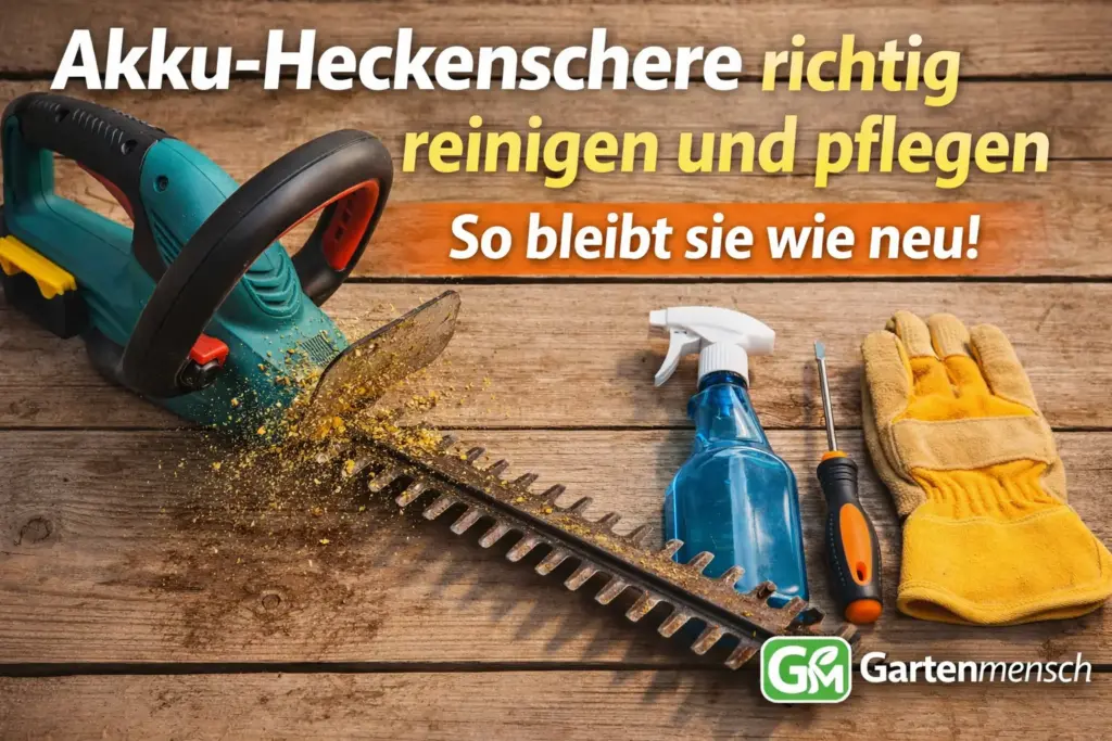 Akku-Heckenschere auf Holztisch mit Reinigungsspray, Schraubendreher und Handschuhen sowie dem Text „Akku-Heckenschere richtig reinigen und pflegen – so bleibt sie wie neu!“ und Gartenmensch-Logo unten rechts.