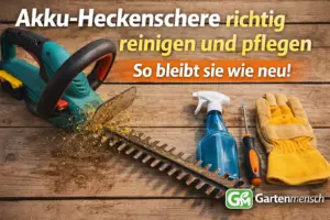 Akku-Heckenschere auf Holztisch mit Reinigungsspray, Schraubendreher und Handschuhen sowie dem Text „Akku-Heckenschere richtig reinigen und pflegen – so bleibt sie wie neu!“ und Gartenmensch-Logo unten rechts.