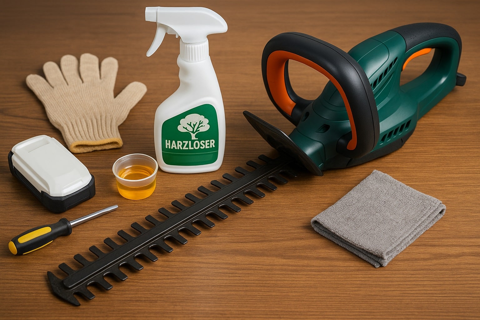 Werkzeuge und Zubehör zur Reinigung einer Akku-Heckenschere: Harzlöser, Handschuhe, Akku, Schraubendreher, Öl und Mikrofasertuch neben einer Heckenschere auf Holzunterlage