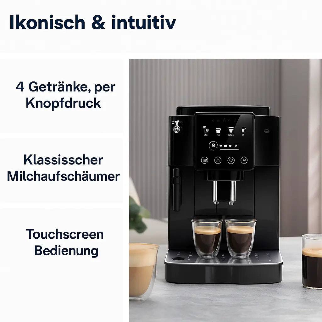 Kaffeevollautomat Test bis 400 Euro: Die De'Longhi Magnifica Start mit Touchdisplay, Milchaufschäumer und vier Kaffeevarianten im modernen Küchendesign.
