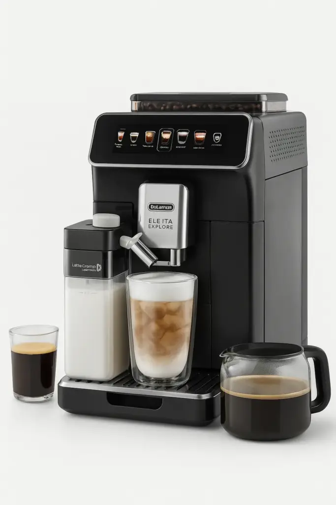 Delonghi Eletta Explore Kaffeevollautomat mit LatteCrema Cool System, zubereitet verschiedene Kaffeegetränke wie Eiskaffee, Latte Macchiato und Filterkaffee im Delonghi Kaffeevollautomat Test 2025.