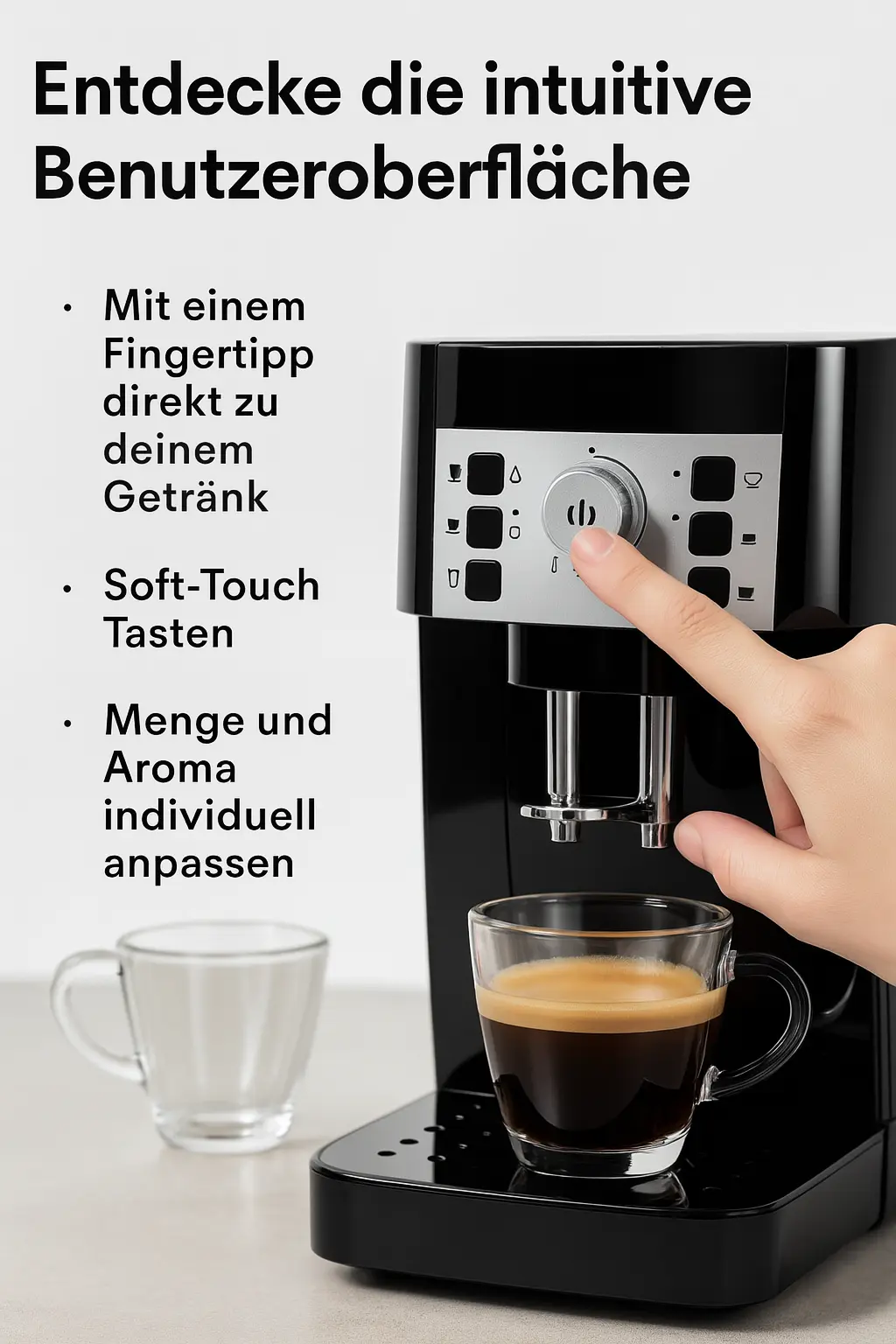 Finger berührt die Soft-Touch-Bedienoberfläche eines Delonghi Kaffeevollautomaten – intuitive Steuerung im Delonghi Kaffeevollautomat im Test