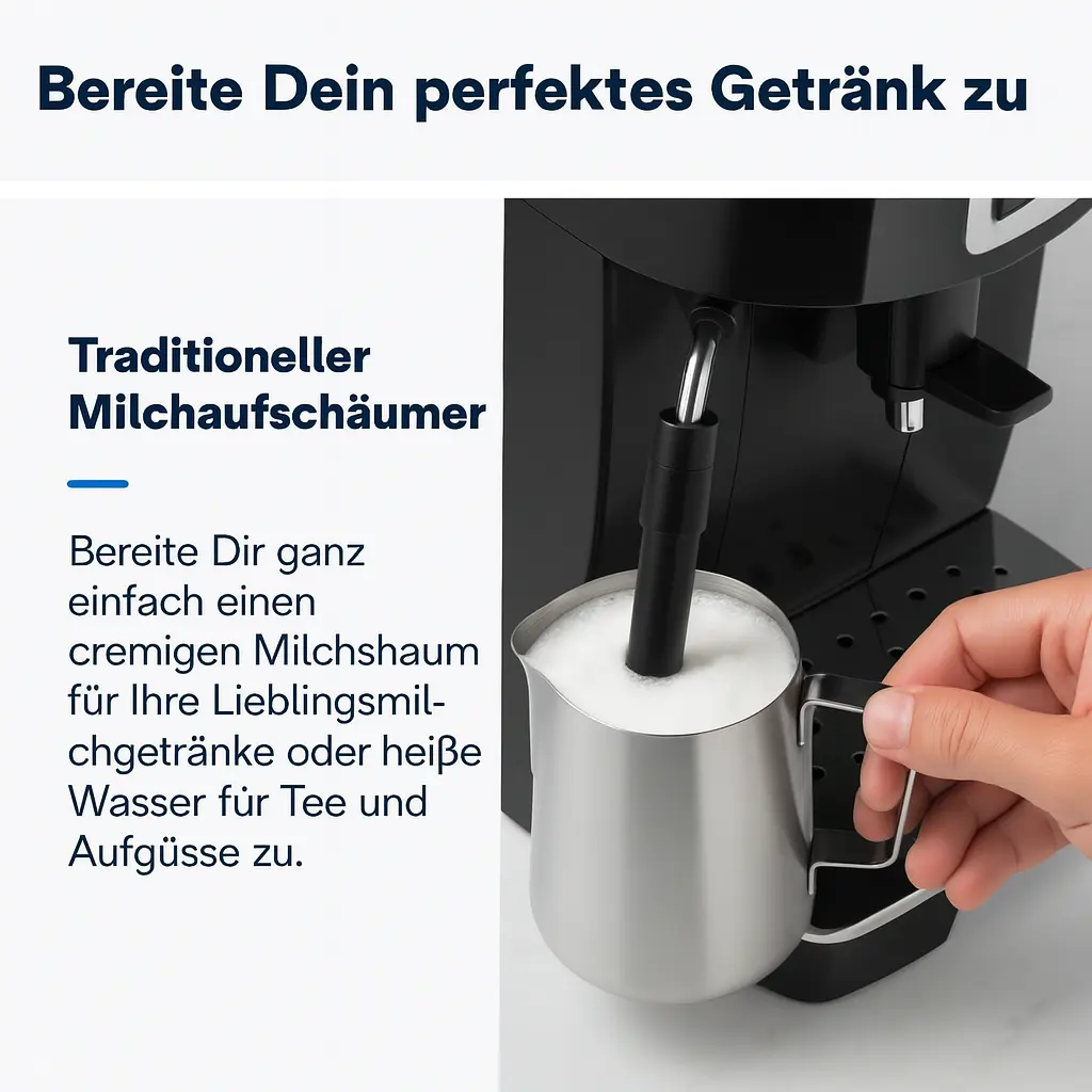 Delonghi Kaffeevollautomat mit traditioneller Dampfdüse beim Aufschäumen von Milch – Detailaufnahme aus dem Delonghi Kaffeevollautomat Test 2025