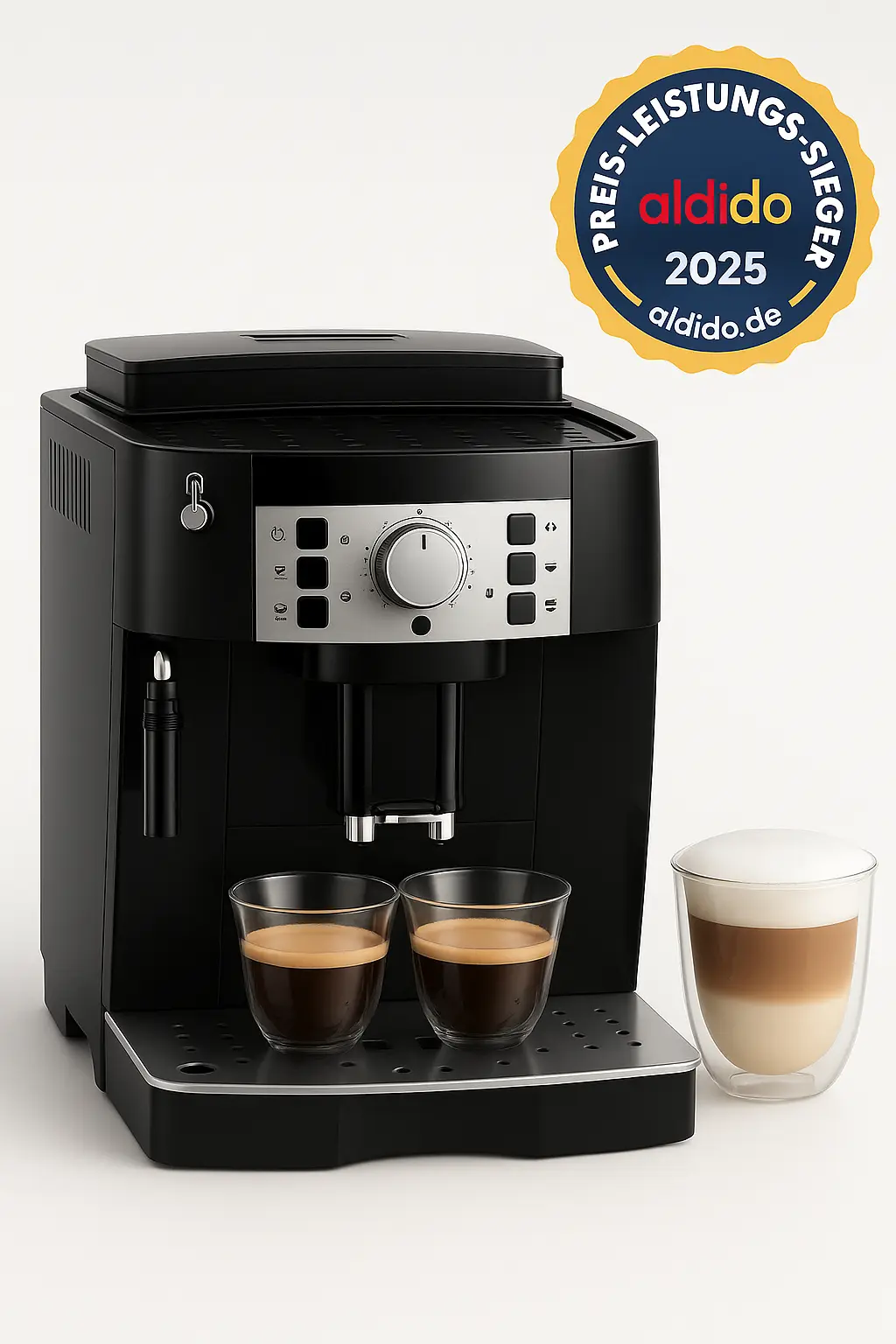 Delonghi Kaffeevollautomat im Test: Hochwertige Studioaufnahme zeigt schwarzen Vollautomaten mit zwei Espressos und Latte Macchiato, inklusive Preis-Leistungs-Sieger-Siegel von aldido.de (2025)