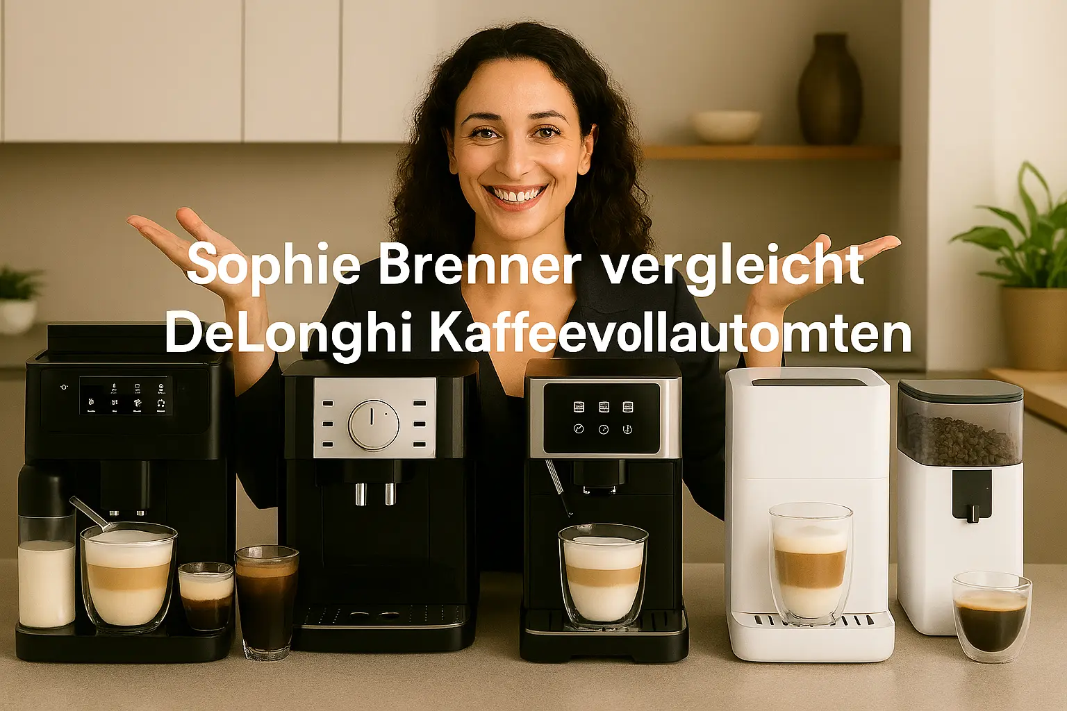 Sophie Brenner präsentiert auf einer modernen Kücheninsel vier DeLonghi Kaffeevollautomaten im direkten Vergleich – die Testsieger-Modelle 2025 für jeden Nutzertyp.