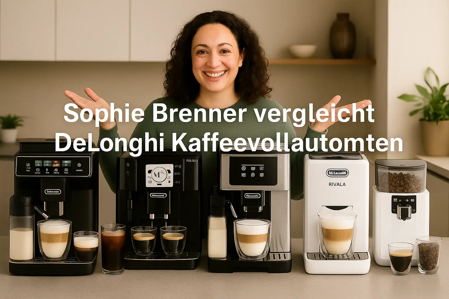 Sophie Brenner präsentiert auf einer modernen Kücheninsel vier DeLonghi Kaffeevollautomaten im direkten Vergleich – die Testsieger-Modelle 2025 für jeden Nutzertyp.