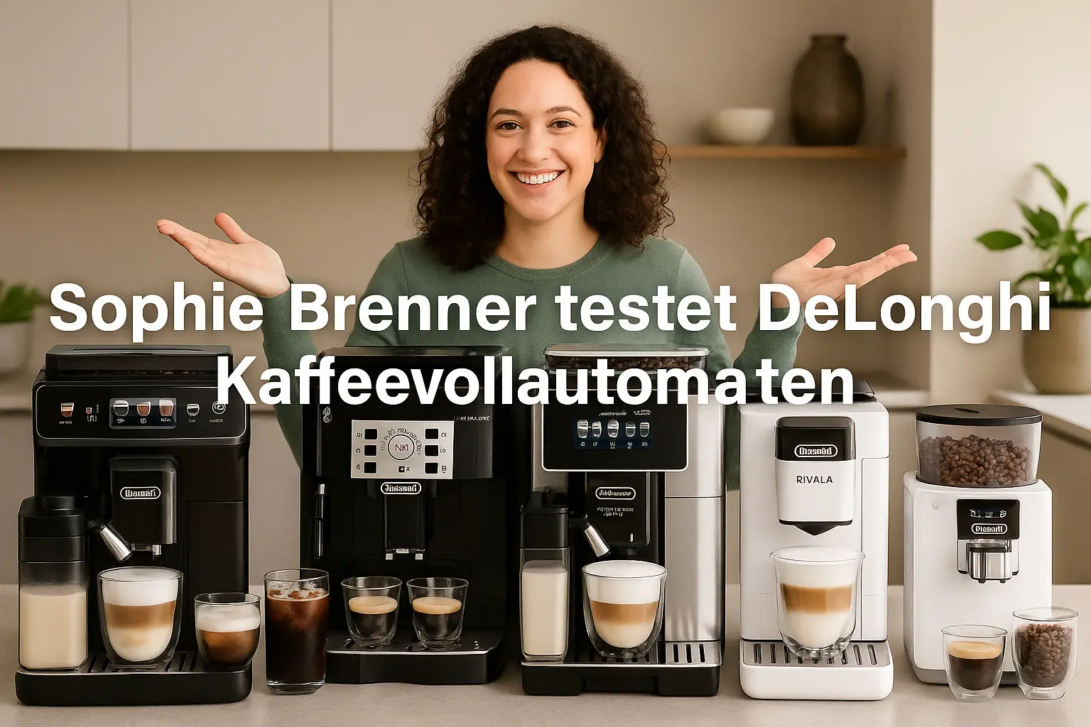 Sophie Brenner präsentiert auf einer modernen Kücheninsel vier DeLonghi Kaffeevollautomaten im direkten Vergleich – die Testsieger-Modelle 2025 für jeden Nutzertyp.