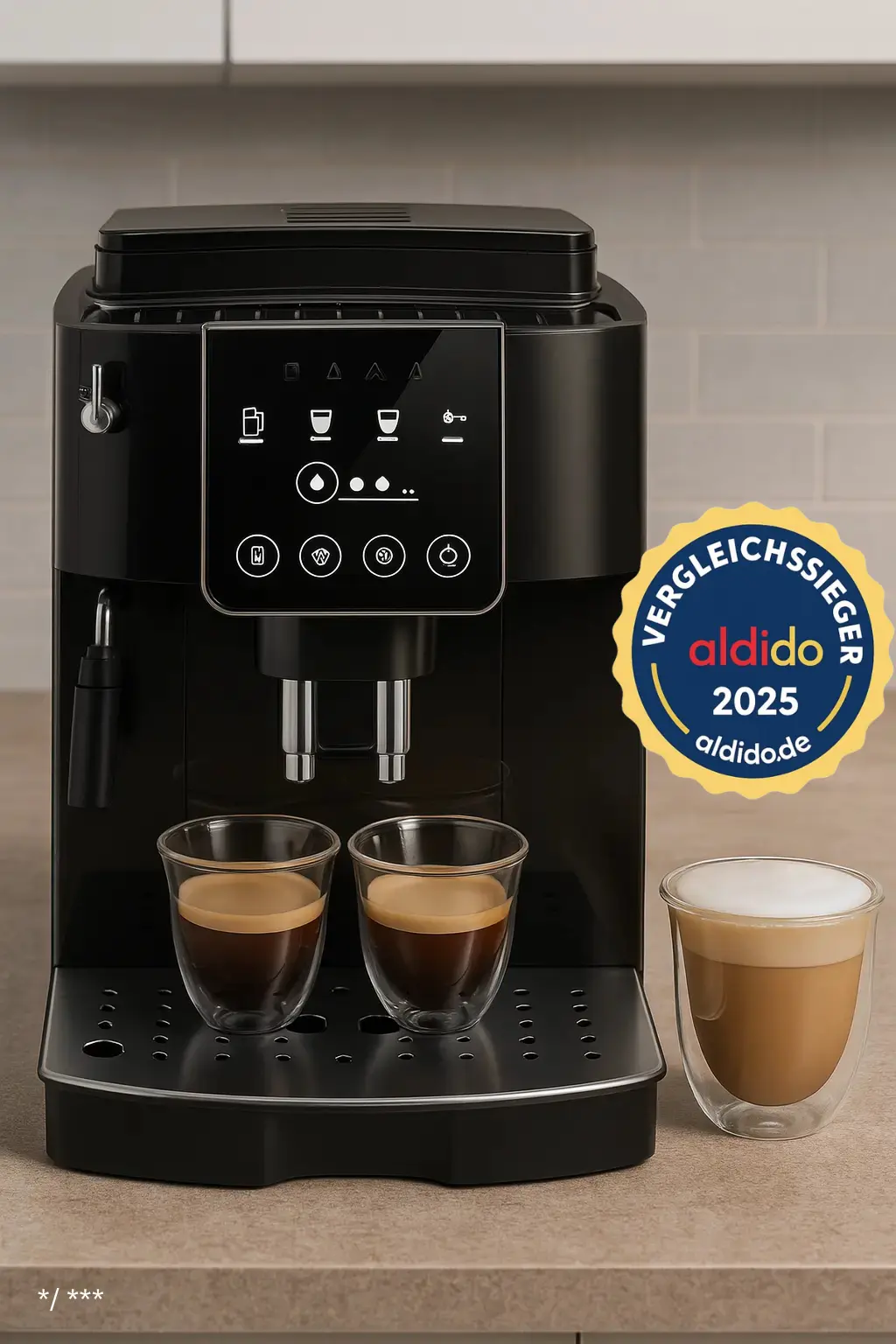 Modern gestalteter DeLonghi Magnifica Start Kaffeevollautomat auf Küchenplatte mit zwei Espressi und einem Latte – ideal für Testberichte und Affiliate-Inhalte.