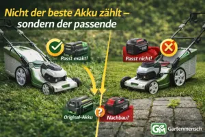 Artikelbild zu Ersatzakkus für Akku-Rasenmäher mit passendem und unpassendem Akku im Vergleich sowie Hinweis auf Originalakku oder Nachbau, Gartenmensch