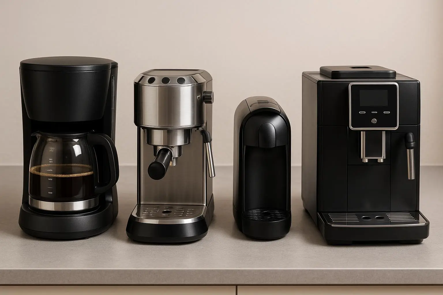 Vier verschiedene Kaffeemaschinen nebeneinander auf einer Arbeitsplatte – Filtermaschine, Espressomaschine, Kapselmaschine und Kaffeevollautomat