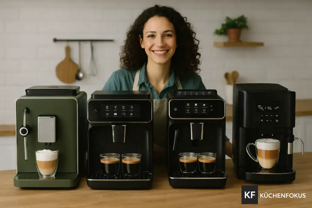 Sophie präsentiert günstige Kaffeevollautomaten bis 400 Euro in einer hellen Küche für den Küchenfokus Vergleich