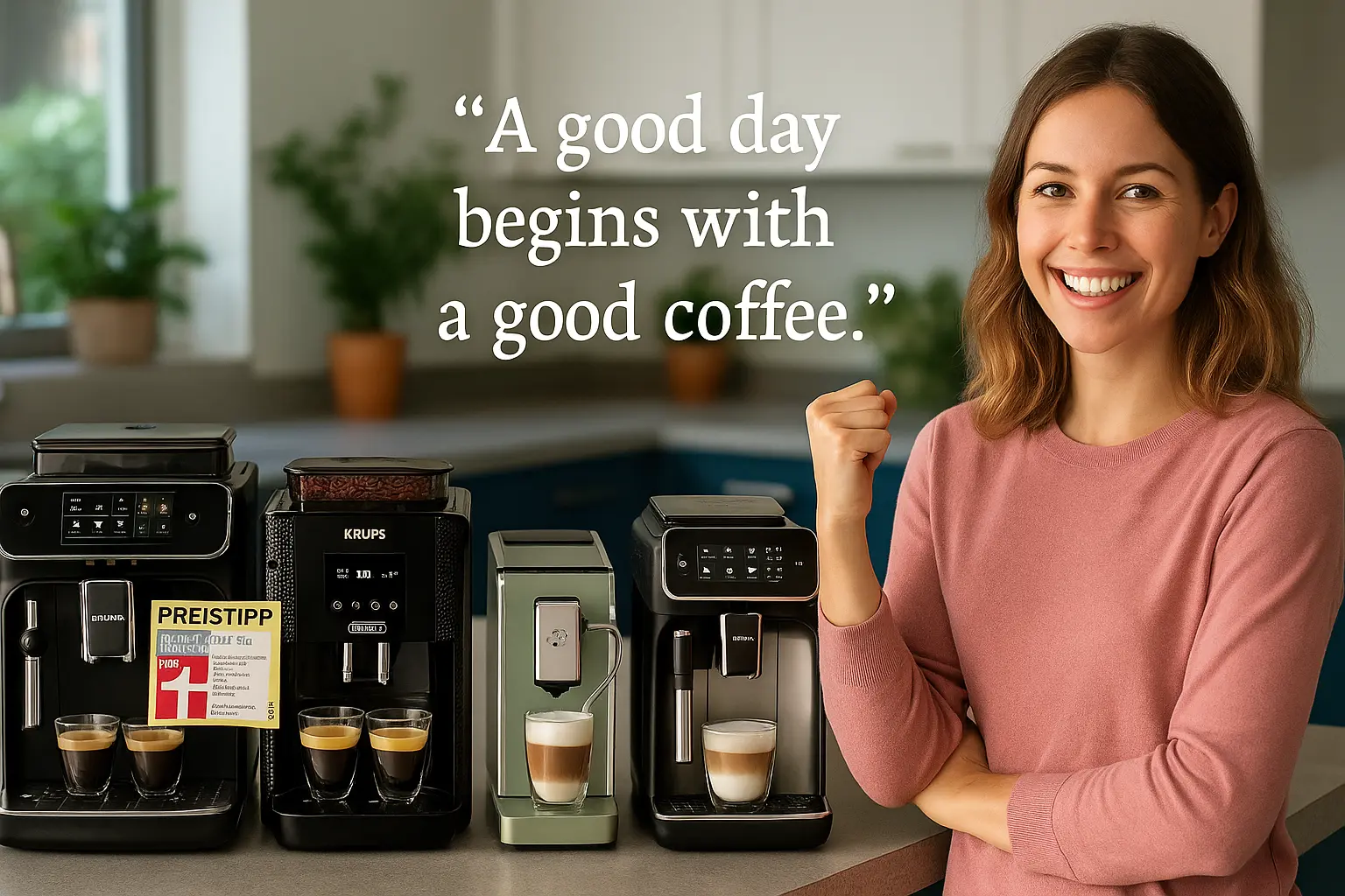 Testübersicht beliebter Kaffeevollautomaten bis 400 Euro – alle Modelle nebeneinander auf einer Kücheninsel, mit lächelnder Testerin im Hintergrund – idealer Überblick für den Kaufentscheid 2025