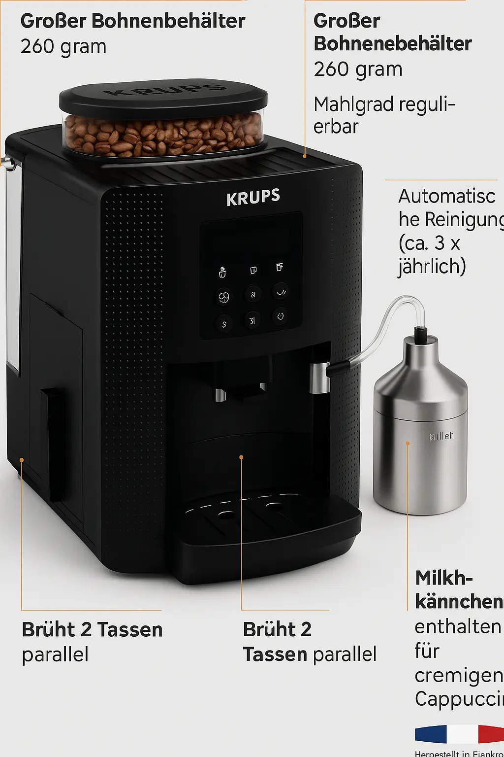Pres-Leistungs-Sieger Krups im Kaffeevollautomat Test bis 400 Euro mit Milchsystem, großem Bohnen- und Wassertank sowie Doppeltassenfunktion – kompakter Vollautomat mit automatischer Reinigung.