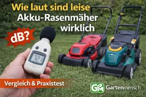 Zwei Akku-Rasenmäher auf einem Rasen neben einem Schallpegelmessgerät mit 72,1 dB und der Aufschrift „Wie laut sind leise Akku-Rasenmäher wirklich? Vergleich & Praxistest“ sowie Gartenmensch-Logo unten rechts.