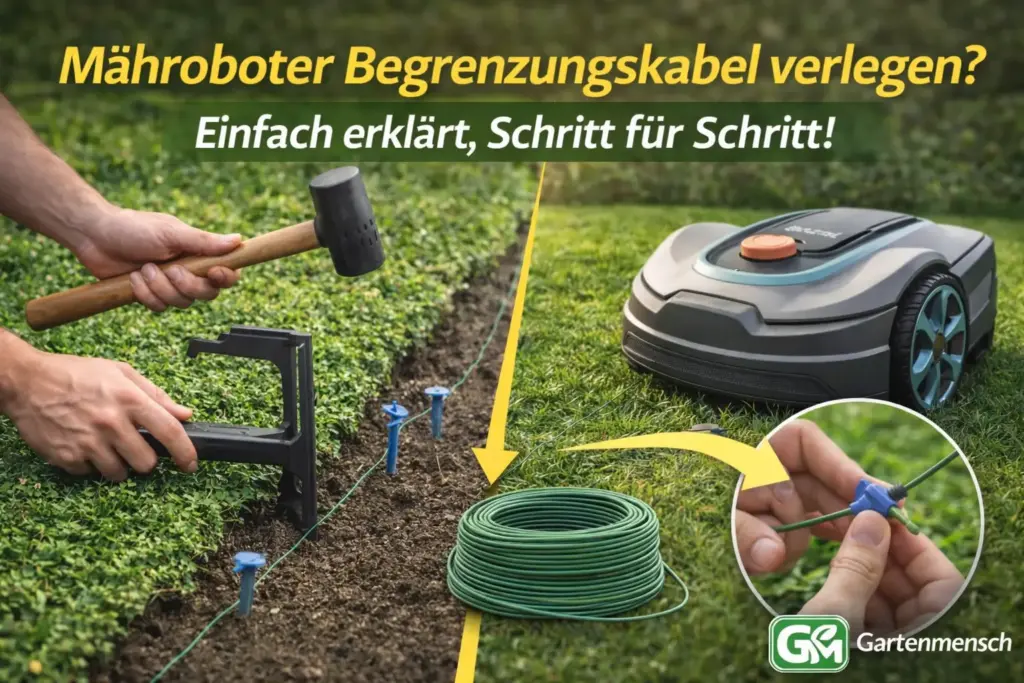 Artikelbild zur Anleitung für Einsteiger: Begrenzungskabel für den Mähroboter verlegen, Kabel fixieren und Anschluss am Rasen korrekt setzen, Gartenmensch