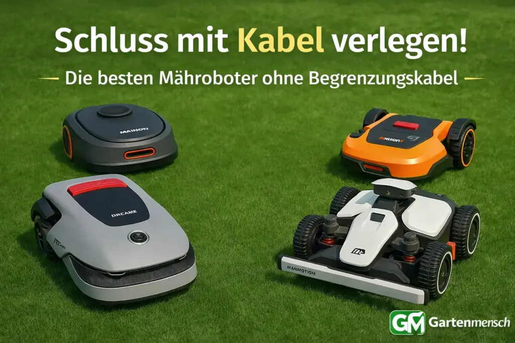Vier Mähroboter ohne Begrenzungskabel im Test auf einer Rasenfläche, Vergleich der besten kabellosen Modelle mit Gartenmensch Logo.