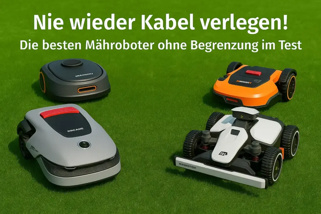Vier moderne Mähroboter ohne Begrenzungskabel im Test 2025 – Modelle von Dreame, Navimow, Mammotion und Worx auf grünem Rasen im Vergleich