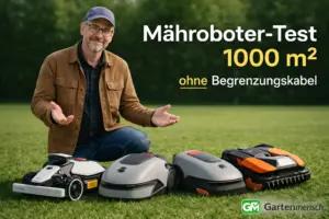 Vier Mähroboter für 1000 m² ohne Begrenzungskabel im Vergleich auf einer Rasenfläche, daneben ein Mann bei der Einordnung der Modelle – Gartenmensch