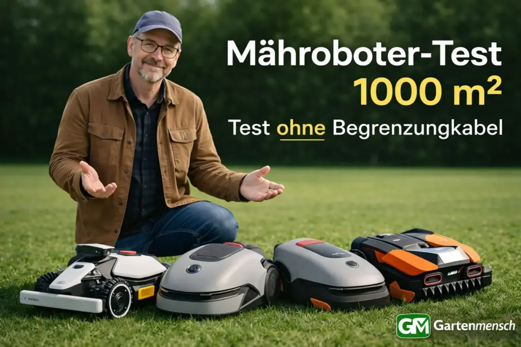 Vier kabellose Mähroboter für 1000 m² Rasenfläche im Vergleich: Mammotion, Ecovacs, Dreame und Worx auf einer gepflegten Wiese mit Tester – Mähroboter Test 1000m2 ohne Begrenzungskabel