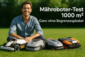 Vier kabellose Mähroboter für 1000 m² Rasenfläche im Vergleich: Mammotion, Ecovacs, Dreame und Worx auf einer gepflegten Wiese mit Tester – Mähroboter Test 1000m2 ohne Begrenzungskabel