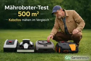 Vier Mähroboter ohne Begrenzungsdraht im Vergleich auf einer Rasenfläche, daneben ein Mann bei der Einordnung der Modelle für 500 m² – Gartenmensch