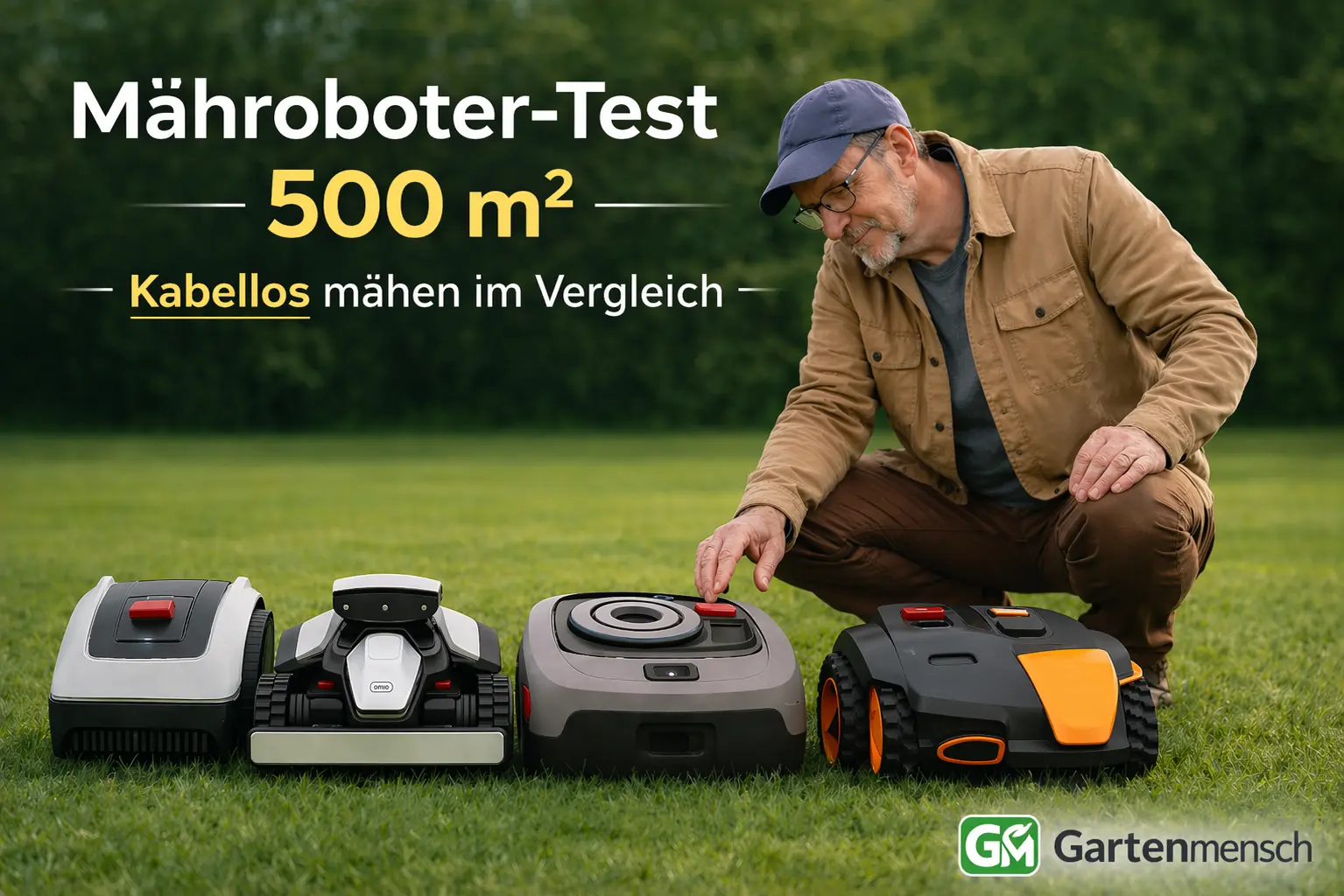 Vier Mähroboter ohne Begrenzungsdraht im Vergleich auf einer Rasenfläche, daneben ein Mann bei der Einordnung der Modelle für 500 m² – Gartenmensch