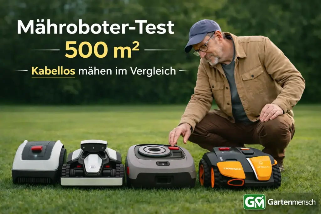 Mähroboter Test 500 m² ohne Begrenzungskabel: Tobias Hagemann testet vier kabellose Mähroboter im direkten Vergleich auf einer Rasenfläche.