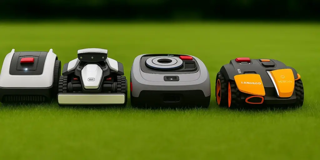 Vergleich von vier kabellosen Mährobotern für 500 m² Rasen: Segway Navimow i105, ECOVACS Goat G1-500, Worx Landroid Vision M500 und Mammotion Luba AWD 800 im Test 2025.