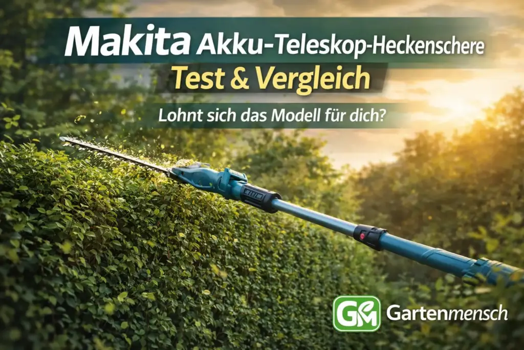 Makita Akku-Teleskop-Heckenschere beim Schneiden einer hohen Hecke im Garten mit dem Text „Test & Vergleich – Lohnt sich das Modell für dich?“ und Gartenmensch-Logo unten rechts.