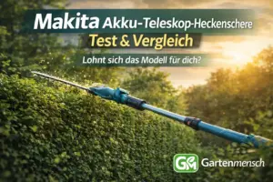 Makita Akku-Teleskop-Heckenschere beim Schneiden einer hohen Hecke im Garten mit dem Text „Test & Vergleich – Lohnt sich das Modell für dich?“ und Gartenmensch-Logo unten rechts.