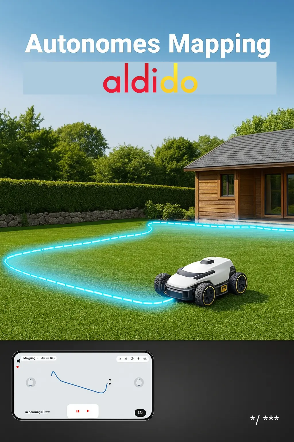 Autonomer Mähroboter Mammotion Luba AWD 800 mäht exakt entlang virtueller Grenzen auf einer 500m² großen Rasenfläche mit App-Steuerung und automatischer Kartierung – ideal für präzises Mähen ohne manuelle Einrichtung.