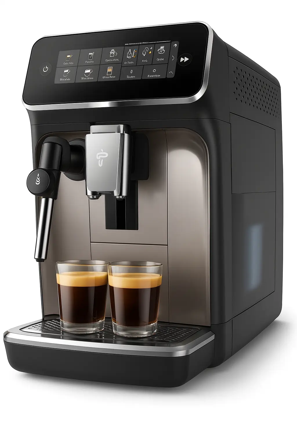 Philips 3300 Series EP3326/90 Test Kaffeevollautomat mit Touchdisplay und Milchschaumdüse – zwei Tassen Espresso in moderner Küchenumgebung